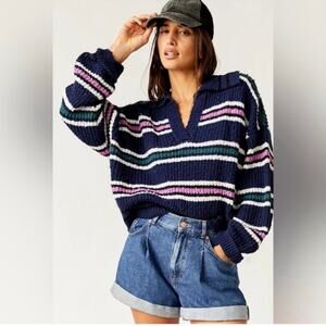 Free People Kennedy Striped Pullover Knit Sweater Navy Blue Pink Size Medium